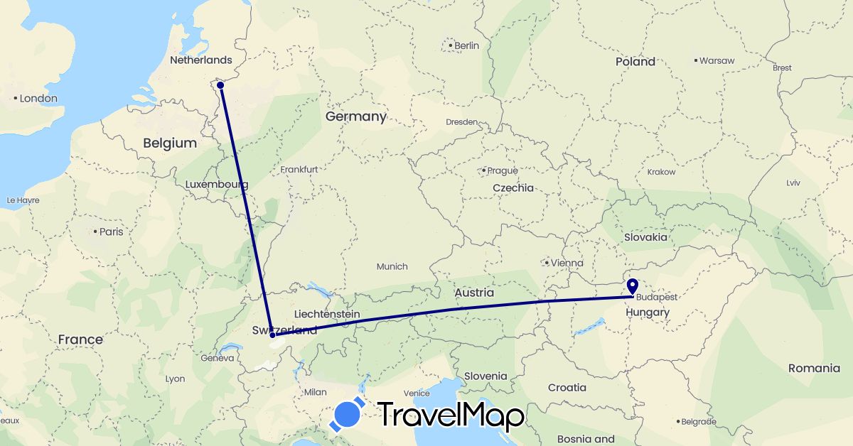 TravelMap itinerary: driving in Switzerland, Germany, Hungary (Europe)